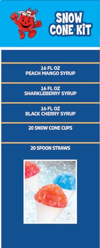 Image of Kool-Aid Snow Cone Syrup Party Kit - Sharkleberry, Peach Mango, Black Cherry - 20 Snow Cone Cups & Spoon Straws