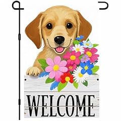 Yellow puppy with bright flowers