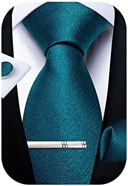 DiBanGu Teal Tie for Men Silk Solid Necktie Pocket Square Cufflink Tie Clip Set Wedding Prom