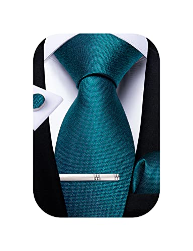 Dibangu Teal Tie For Men Silk Solid Necktie Pocket Square Cufflink Tie Clip Set Wedding Prom #TOP7