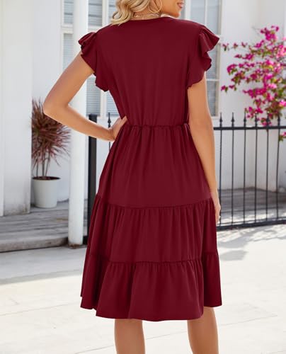 Image of Womens Summer Dress Ruffle Sleeve V Neck Midi Dresses Casual Fit Flowy Tiered Boho Beach Vacation Sundress