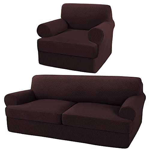 Turquoize 3 Pieces Sofa Covers for 2 Individual T Cushion Couch Sofa Slipcover Bundle 2 Pieces Chair Slipcover, Brown