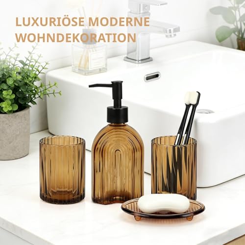 Badezimmer Set 4 Teile– 330ml Glas Bad Zubehör Set mit Seifenspender mit Regenbogen-Muster, 2 Zahnputzbechern& Seifenschale –Badezimmer Organizer für Zahnbürsten&Wattestäbchen –Edle Badezimmer Deko