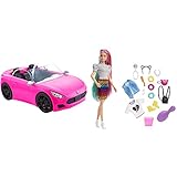 Barbie Descapotable Rosa con 2 plazas para muñecas, Coche de Juguete & Pelo Arcoiris Muñeca Rubia con Falda de Guepardo y Accesorios de Moda y para el Pelo de Juguete (Mattel GRN81)