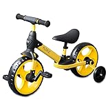 RiZKiZ 3in1 補助輪付き二輪車 12インチホイール 2歳から6歳まで使える キッズバイク 自転車 練習 ペダル付き 工具不要 レンチ付属 足蹴り ハンドル サドル 調整可能 空気入れ不要 [イエロー]