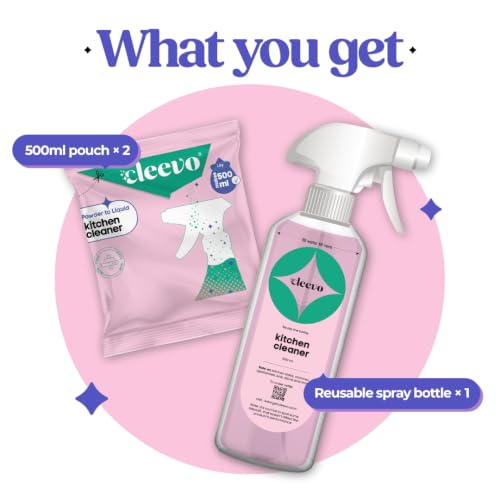 Image of Cleevo Kitchen Cleaner Spray 1L Bottle Pack (2 Sachets makes 1 Litre)|Powder to Liquid | | Non-Toxic Degreaser for Gas Stove, Chimney & Countertop | Surface Cleaner (Lilly)
