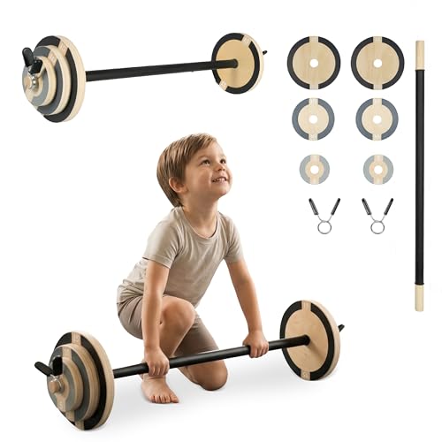 Play Platoon Wood Kids Barbell Weight Set - Kids Workout Equipment for Indoor Toddler Gym Kid Exercise Equipment Weights Sets for Boys & Girls with Real Barbell Clips