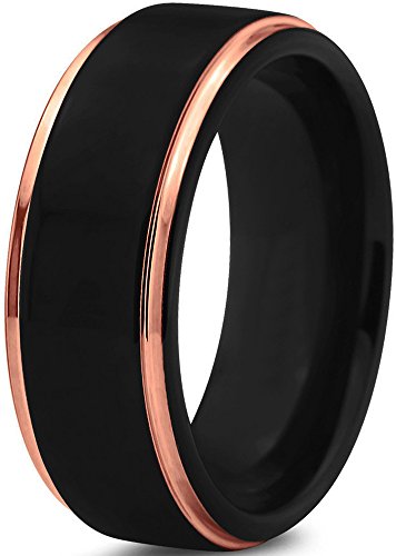 Midnight Rose Collection Tungsten Wedding Band Ring 8Mm For Men Women 18K Rose Gold Plated Step Edge Black Brushed Polished Size 12.5 #TOP20
