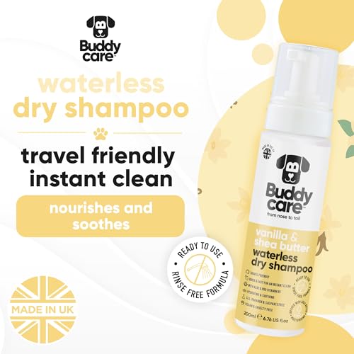 Shampoing Sec sans rinçage Buddycare pour Chiens (200 ML) | Vanille et Beurre de karité | Formule Douce pour Les Peaux sensibles | Naturel et Facile à Utiliser pour Un Pelage Frais et Propre – vue 2