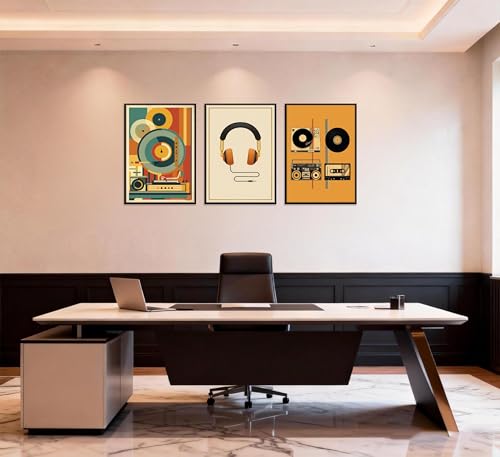 3Pcs Vintage Music Canvas Wall Art MidCentury Modern Vinyl Turntable Painting Picture Wall Decor Geometric Music Bar Rock Music Lovers Poster Print Artwork For Recording Studio Club Home Decoration