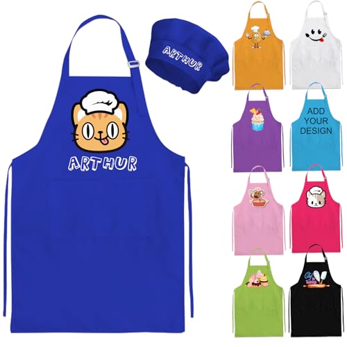 Nevaou Delantal y sombrero de chef personalizado para niños, delantal con nombre para cocinar, hornear, cocina, pintura, regalo para niños y niñas, Azul marino, Medium/Large