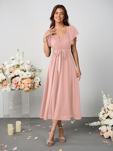 Image of SCOMCHIC Women Summer Maxi Dress Flutter Short Sleeve Square Neck Belted Casual A Line Flowy Wedding Guest Long Dresses