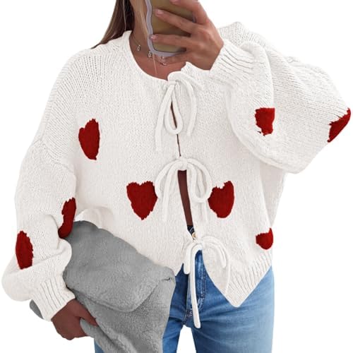 Pink Queen Women's 2025 Tie Front Bow Cardigan Sweaters Chunky Knit Long Sleeve Heart Print Knitted Coats
