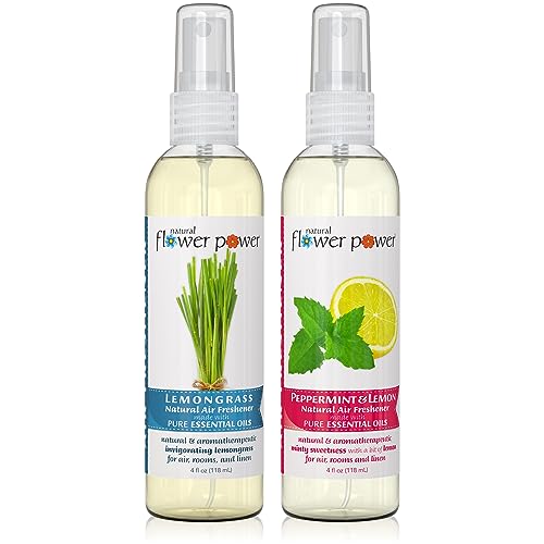 Natural Flower Power Air Freshener Spray - Odor Eliminator w/Essential Oils - Home, Car & Fabric - Cruelty Free & Vegan - Variety Pack - Lemongrass and Peppermint & Lemon - 2 x 4 fl oz