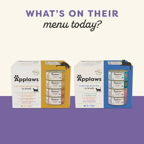 Applaws 100% natürliches Premium-Nassfutter für Katzen in Brühe für ausgewachsene Katzen - Thunfisch, Huhn, Meeresfisch Gemischte Auswahl in Brühe - Packung mit 12 x 70g Dosen