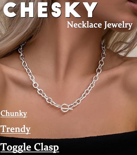 CHESKY Chunky Silver Necklace for Women, Trendy Silver Plated Chain Necklace Layered Paperclip Herringbone Cuban Link Chain Necklace Thick Toggle Necklaces Non Tarnish Womens Jewelry4