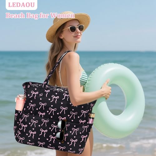Image of LEDAOU Large Beach Bag Women Waterproof Sandproof Zipper Beach Tote Pool Bag for Swim Gym Grocery Travel with Wet Pocket