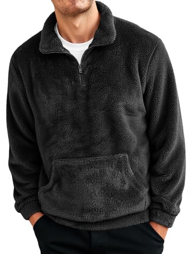 Runcati Mens Fuzzy Sherpa Sweatshirt Quarter Zip Fleece Pullover Winter Fall Warm Outerwear With Kangaroo Pocket