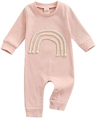 Newborn Baby Boy Girl Rainbow Romper Outfit Ribbed One Piece Jumpsuit Playsuit Long Sleeve Bodysuit Clothes (Pink, 0-3 Months)