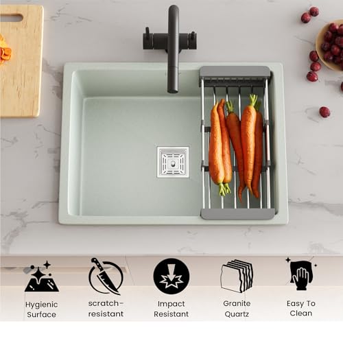 Image of LAPO Quartz Basin for Kitchen | 24x18 Inch Single Bowl Basin | Minimal Splash Noise & UV Protected Sink with Tap Hole | Sink with Drain Accessories and Basket | 3 Yrs Warranty (White Finish)