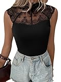 OYOANGLE Women's Elegant Lace Trim Solid Mock Neck Tops Slim Fit Blouses Shirts Black M
