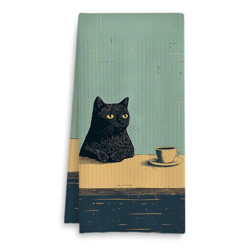 Fuasei Vintage Coffee Black Cat Kitchen Towels, Cat Lover Mom Lady Gifts Dish Tea Towels for Kitchen, Funny Black Kitten Hand Towel for Bathroom, 16x24 Inch