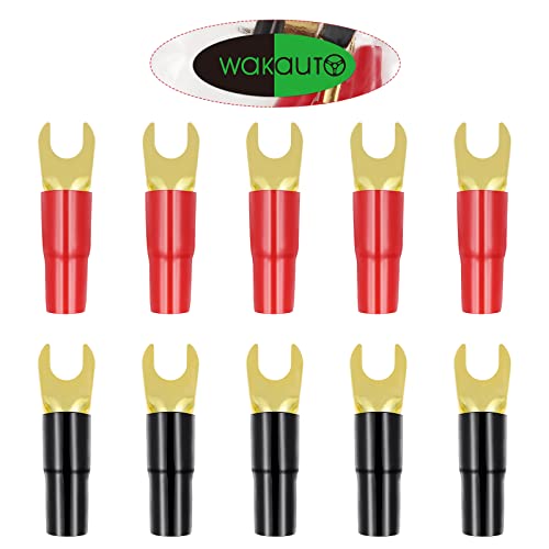 5 Pairs Copper Gold Plated 8 Gauge Strip Spade Terminal Spade Fork Adapters Connectors Plugs Crimp Barrier Spades For Speaker Wire Cable Terminal Plug - 8Ga (Red And Black) #TOP1