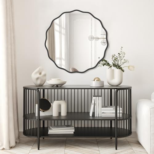 Image of WallBeyond Round Wavy Mirror for Wall Decorative 28 inch, Modern Round Mirror Aluminum Frame for Bathroom Bedroom Living Room Home House Office Entryway, Black