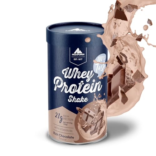 Multipower Whey Protein Shake – wasserlösliches Proteinpulver mit Schokoladen Geschmack aus Wheykonzentrat und -Isolat – 21 g Protein und Vitamin B6 in nachhaltiger Pappwickeldose – 420 g