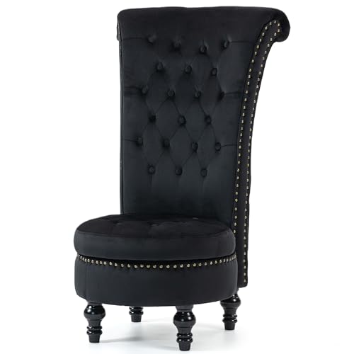 WENTUM High Back Throne Royal Chair, Velvet Armless Accent Chair with Storage, Nailhead Trim, Solid Rubberwood Legs for Living Room Bedroom, Black