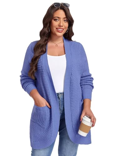Image of LARACE Long Cardigans for Women Plus Size Tops Open Front Sweaters with Pockets Waffle Ribbed Sleeve Loose Fall Outwear