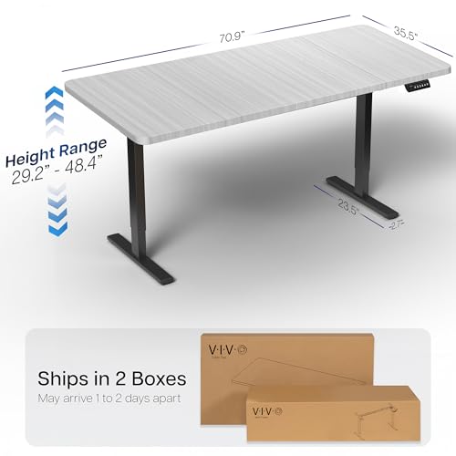 Image of VIVO Dark Gray 71 x 36 in Standing Desk, DESK-KIT-1B7G-36 | Electric, Holds 220 lbs, Sit Stand, Height Adjustable, Extra Deep Table Top, Memory Presets, 1B Series, Black Frame