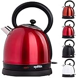 DETAILS: Wasserkocher im Retro-Design | Füllvolumen: 1,8 Liter | Leistung: 2200 Watt | Wasserstandsanzeige | verdecktes Edelstahl-Heizelement | drehbar | kabellos | 360°-Basis | Trockengehschutz | Überhitzungsschutz | Anti-Rutsch-Füße | Abschaltautomatik | BPA-frei | integrierte Kabelaufwicklung | entnehmbarer Kalkfilter