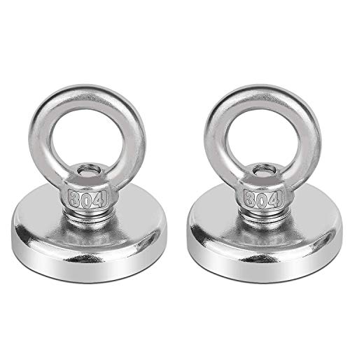 Neodymium Fishing Magnets 2 Pack, 180LBS Pulling Force Strong Round Rare Earth Magnet N52 with Countersunk Hole Eyebolt for Magnetic Fishing, River, Salvage, Treasure Hunting, 1.9' Diameter