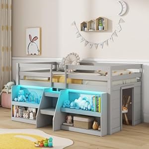 Giantex Low Loft Bed with LED Lights, Wooden Twin Loft Bed with Stairs & Safety Guardrail, Loft Bed Twin Size with Storage Bookcase and Under-Bed Play Space, Loft Bed for Kids (Grey) Giantex Low Loft Bed with LED Lights Wooden Twin Loft Bed with Stairs Safety Guardrail Loft Bed Twin Size with Storage Bookcase and Under Bed Play Space Loft Bed for Kids Grey