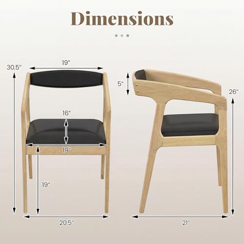 Image of COSTWAY Dining Chairs with Arms Set of 2, Mid Century Modern Wooden Accent Chairs with Faux Leather Seat & Padded Backrest, Kitchen Side Armchairs for Living Dining Reading Room, Natural & Black