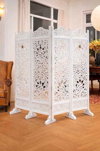 Image of Wooden Room Divider 4 Panel Foldable Privacy Screen Hand Carved Partition for Living Room Bedroom Office Decor (6 Feet 4 Panel White with Stand Each Panel Size 72X20 Inch)