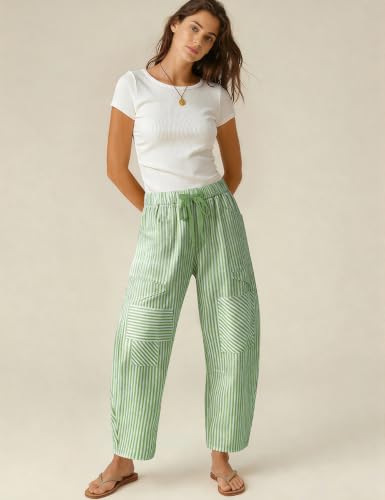 Image of TARSE Womens Striped Linen Barrel Pants with Pockets Y2k Patchwork