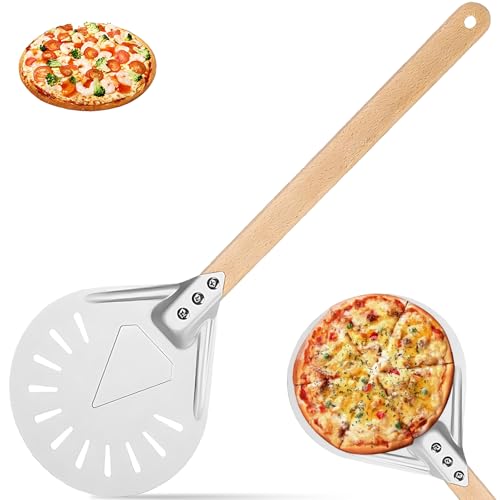 Aurobest 7 Pulgadas Pala Pizza Perforada con Mango Largo Madera, Pizza Peel Redonda para Horno, Espátula Pizzas Pequeña Aluminio Anodizado Duro, Accesorios Cocina Transferir Pizzas para Pan Caseras
