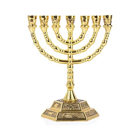 BRTAGG Menorah 7 Branch, 12 Tribes of Israel, Jerusalem Temple Jewish Candle Holder (13cm, Gold) Cover