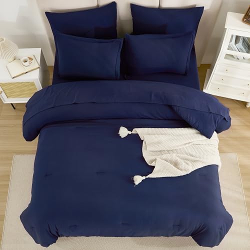 Litanika King Size Comforter Set Navy Blue - 7 Pieces Bed in a Bag King Bedding Comforter Sets, Solid Lightweight Bed Set with Comforter, Sheets, Pillowcases & Shams