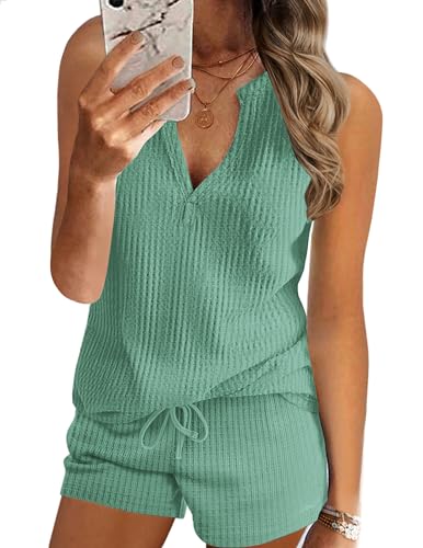Ekouaer Women 2 Piece Sets Waffle Knit Tank Top Lounge Short Sets Casual Summer Matching Outfits with Pockets Light Green L
