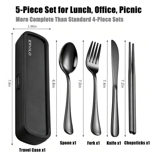 Portable Cutlery Set with Case - Stainless Steel Travel Utensils for Work, Lunch, Camping, and Picnics - Includes Fork, Spoon, Knife, Chopsticks, Black - Image 4