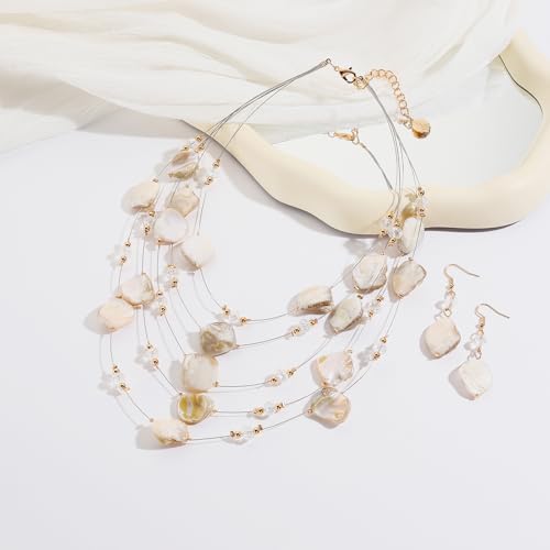Image of Coiris Natural Seashell Choker Necklaces Earrings Jewelry Set for Women Starfish Shell Freshwater Pearl Collar Necklaces for Women Irregular Mother of Pearl Jewelry Set