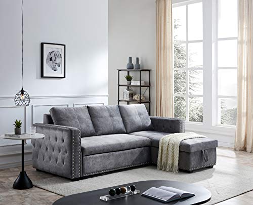 Gray Sectional Sofa with Storage Chaise,JULYFOX Mid Century Modern Reversible L-Shaped Sleeper Sectional Sofa Bed Button Tufted Copper Nail Head Trim 90 inch Wide for Living Room Office Gray Sectional Sofa with Storage Chaise,JULYFOX Mid Century Modern Reversible L-Shaped Sleeper Sectional Sofa Bed Button Tufted Copper Nail Head Trim 90 inch Wide for Living Room Office