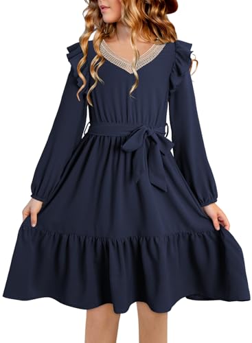 blibean Teen Girls Lace Neckline Dress Kids Semi Formal Long Sleeve Dresses Size 6-15 Years