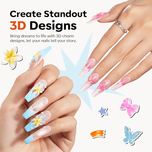 Image of modelones Silicone Nail Art Molds, 7PCS 3D Flowers Nail Charm Molds with Carving Pen Clear Modeling Templates Hibiscus Flowers Lace Bow Star Heart Blossom Design Mold for Resin Epoxy Professional