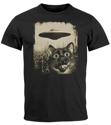 Neverless® Herren T-Shirt UFO Katze Alien Print Aufdruck Printshirt Männer Fashion Streetstyle Schwarz XL