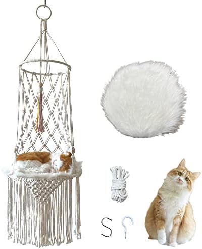 Macrame Cat Hammock Cat Bed Hanging Boho Cat Swing Bed Fringed Cat Basket with Plush Blanket Hanging Kit