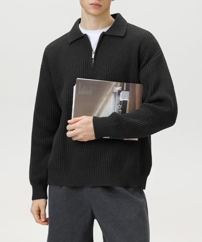 POHADON Men Quarter Zip Up Collared Neck Sweater Vintage Aesthetic Chunky Grandpa Grunge Clothes Fall Winter Korean Fashion2